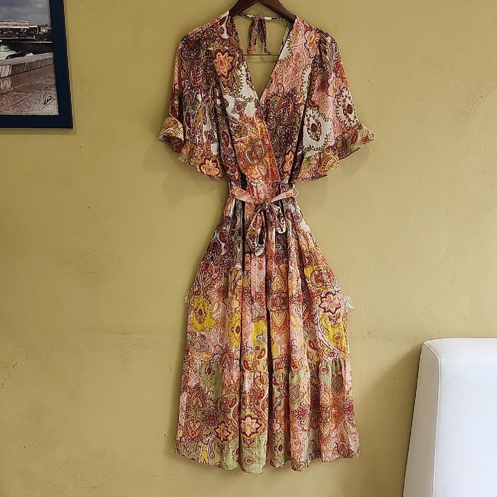 Floral Paisley Wrap Midi Dress in Multicolor